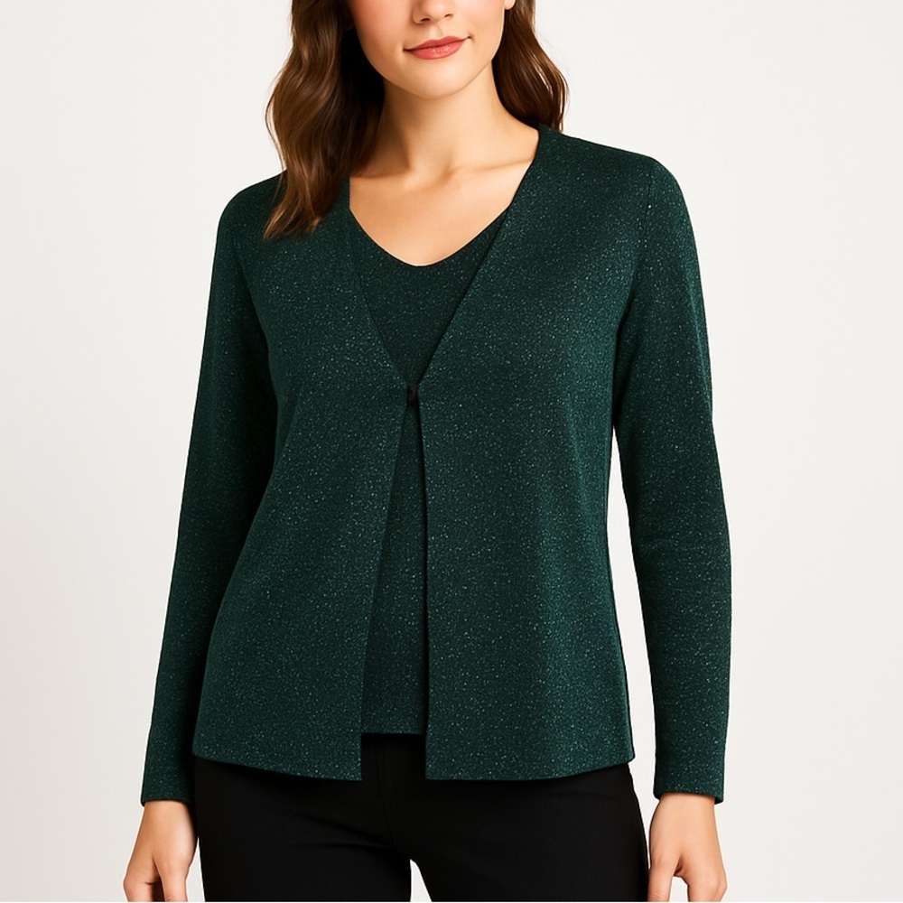 AB Studio shimmer knit holiday top metallic layered look relaxed fit green large